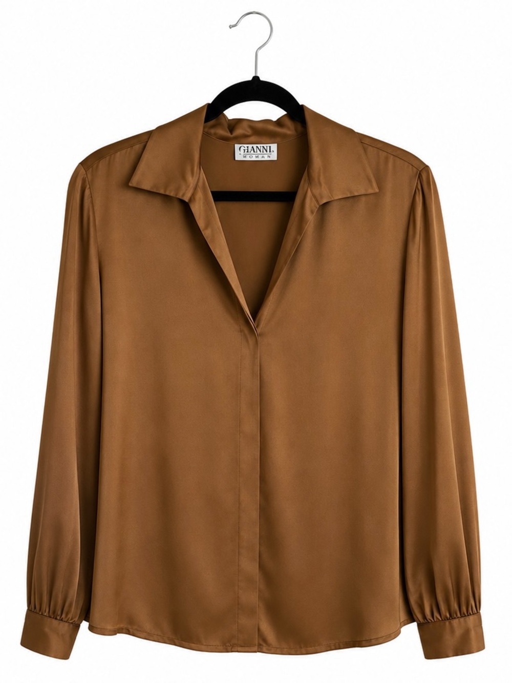 Gianni Silk Button-Front Blouse in Bronze Brown